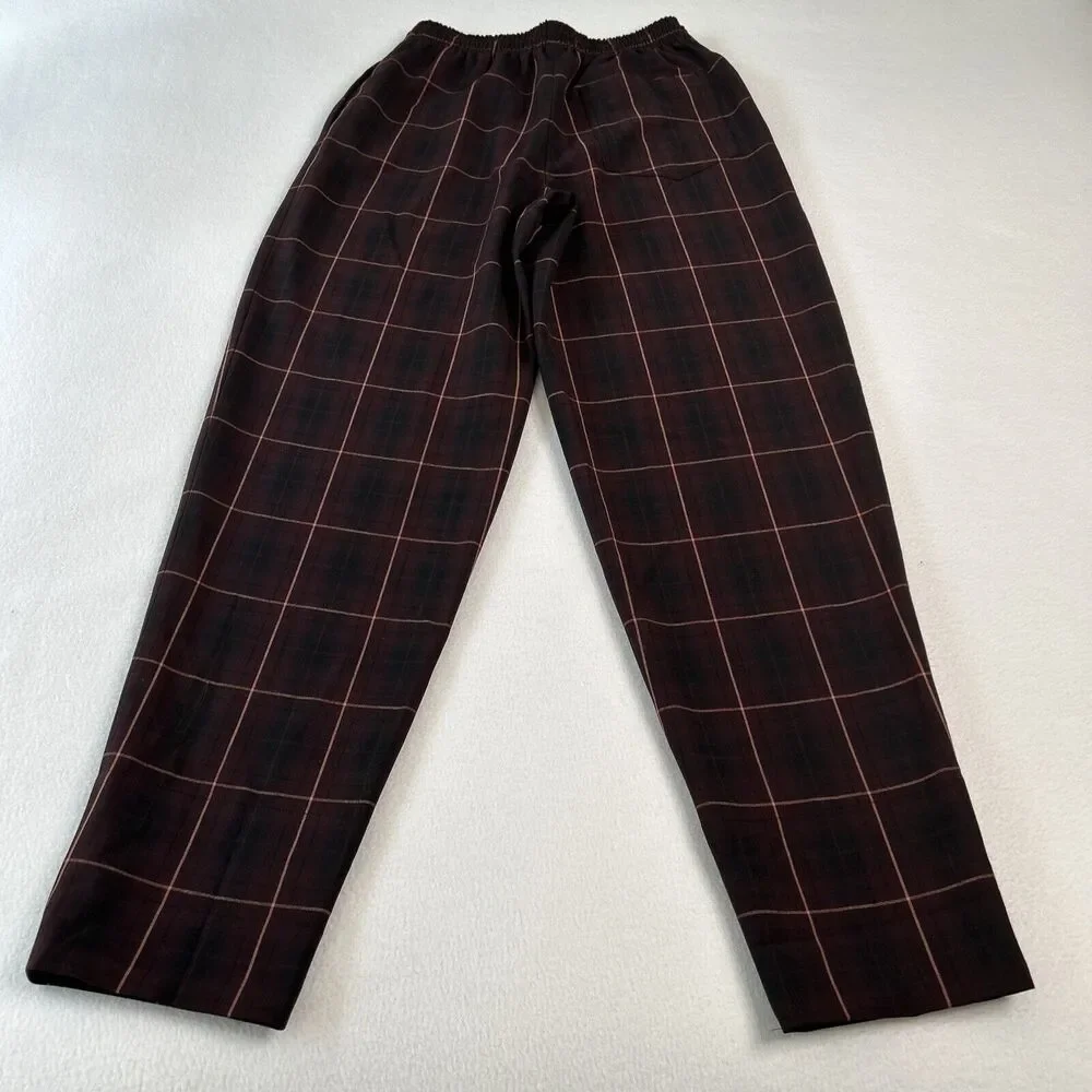 Checked Elastic-Waist Trousers - Burgundy Pink - Picture 3 of 7